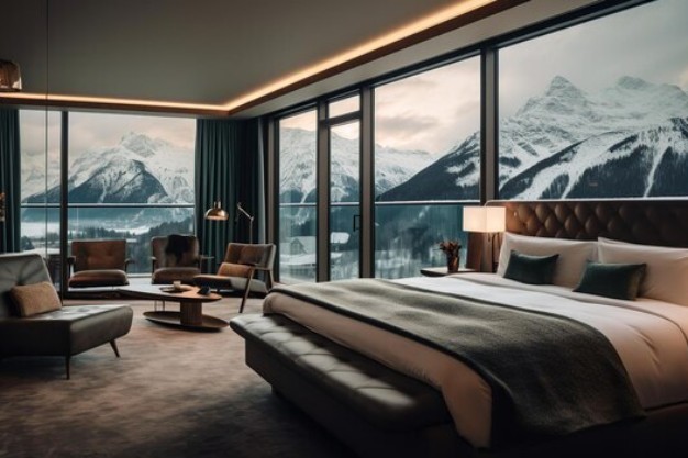 Luxurious hotel room with panoramic views of the Swiss Alps